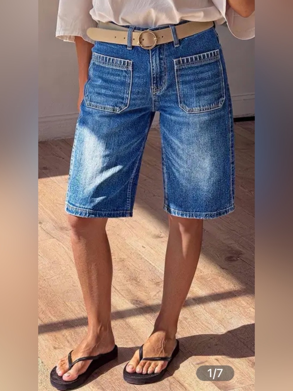 Flamingals Wash Stitch Detail Patch Pocket High Rise Denim Bermuda Shorts